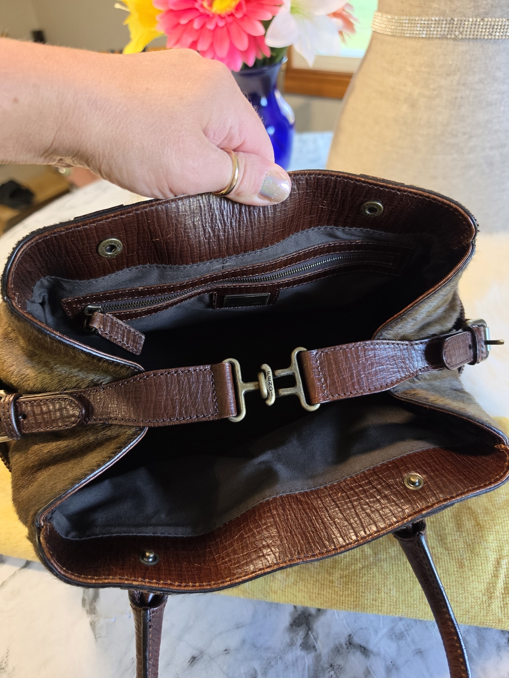 Fendi Zucca FF Pony Hair & Suede Satchel with Leather Handles EUC - Picture 5 of 16